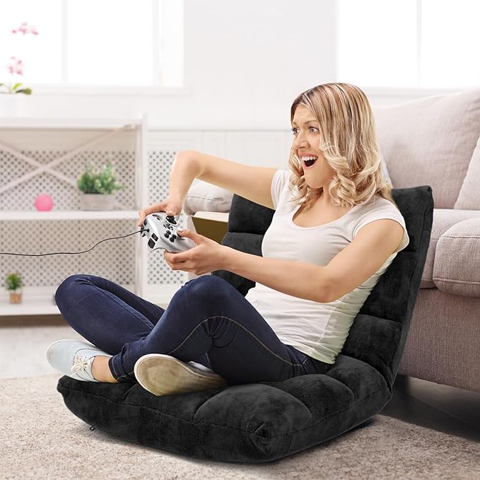 RELAX4LIFE Floor Chair with Back Support - 14-Position Adjustable Lazy Sofa Chair, Padded Sleeper Bed & Couch Recliner for Reading Meditation, Folding Floor Gaming Chair for Adults (Black)