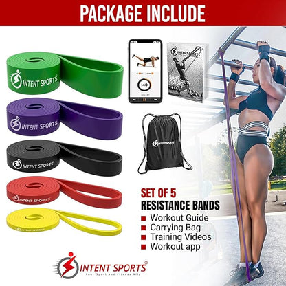 INTENT SPORTS Pull Up Assist Bands – Assistance and Resistance Bands for Pull-Up, Fitness, Body Stretching, Mobility Work, Weightlifting, Heavy Duty - Single/Set – Exercise Videos - eBook!
