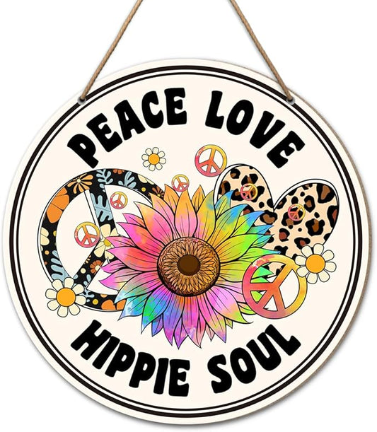 Hippie Peace Sign Wall Decor, Hippie Peace Sign for Front Door Home Living Room Bedroom, Peace and Love Sign, Boho Hippie Peace Round Wood Hanging Signs Decorations, Hipple Soul Sign