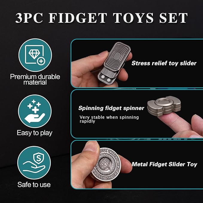 Fidget Toys Adults Set, Metal Fidget Slider, Spinner and Haptic Coin, Decompression Metal EDC Cool Figette Toys for Adults Anxiety Relieve Stress, Greater Focus(Silver)