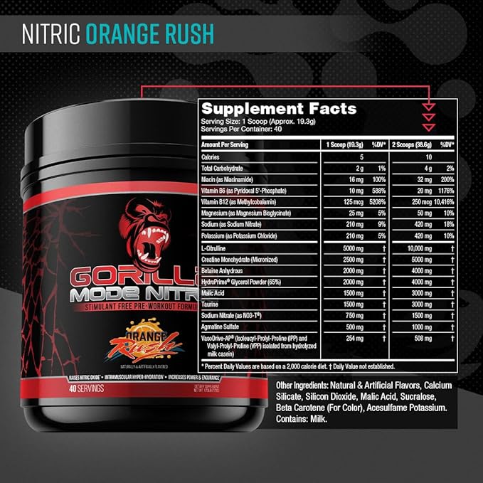 Gorilla Mind - Gorilla Mode Nitric Upgraded Stimulant Free Pre-Workout – Best Tasting and Most Effective Stimulant Free Pre-Workout/Massive Pumps · Vasodilation · Power / 772 Grams (Orange Rush)