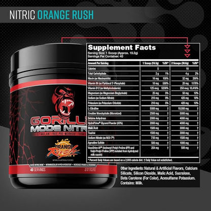 Gorilla Mind - Gorilla Mode Nitric Upgraded Stimulant Free Pre-Workout – Best Tasting and Most Effective Stimulant Free Pre-Workout/Massive Pumps · Vasodilation · Power / 772 Grams (Orange Rush)