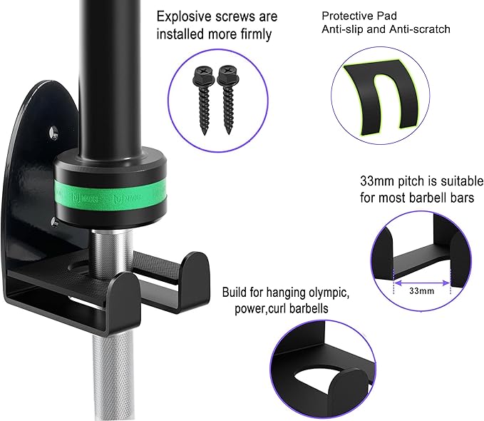 Barbell Holder Wall Mount,Garage Gym Bar Wall Rack,Vertical Olympic Hanger wall Mount Rack,Space Saving Commercial or Home Gym Accessory Holds Under 33mm Bar Size Barbell Hanger