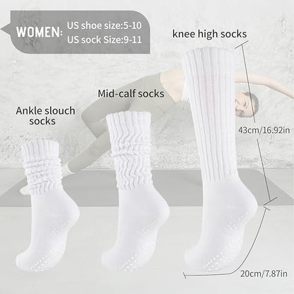 COOVAN Grip Pilates Socks for Women 3 Pairs Yoga Slouch Crew Long Scrunch Slipper Socks for Barre Ballet Dance Hospital