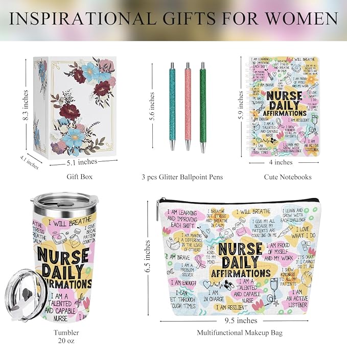 jeilink Daily Affirmations Nurse Accessories for Work, Nurse Appreciation Gifts, Nursing Student Essentials Inspirational RN Gifts for Women Birthday Christmas, 20oz Tumbler & Makeup Bag Pen Notebook