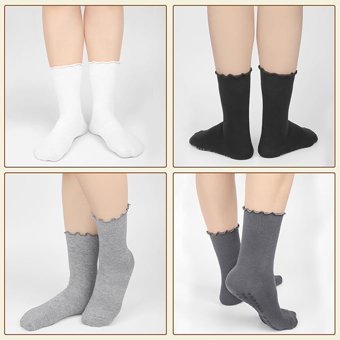 4 Pairs Pilates Socks with Grips for Women Yoga Ruffle Cute Grip Socks Pilates Non Slip Crew Ballet Hospital Workout