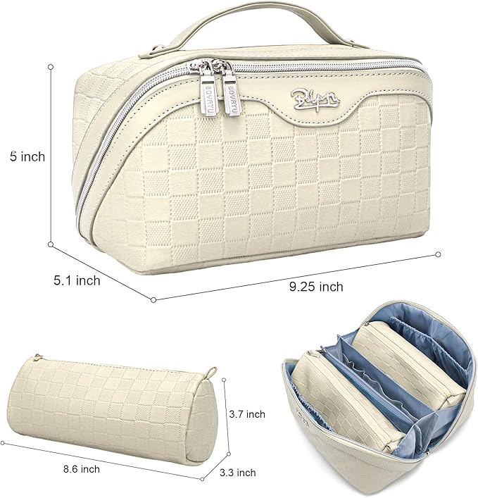 BOYATU Travel Makeup Bag Organizer Cosmetic Bag: 3 Pcs Set Make up Bags for Women with Handle - Waterproof Vegan Leather Toiletry Bags Travel Essentials Pouch with Compartments (C-04-Beige)