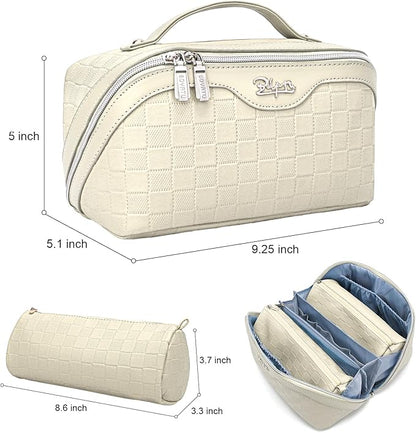 BOYATU Travel Makeup Bag Organizer Cosmetic Bag: 3 Pcs Set Make up Bags for Women with Handle - Waterproof Vegan Leather Toiletry Bags Travel Essentials Pouch with Compartments (C-04-Beige)