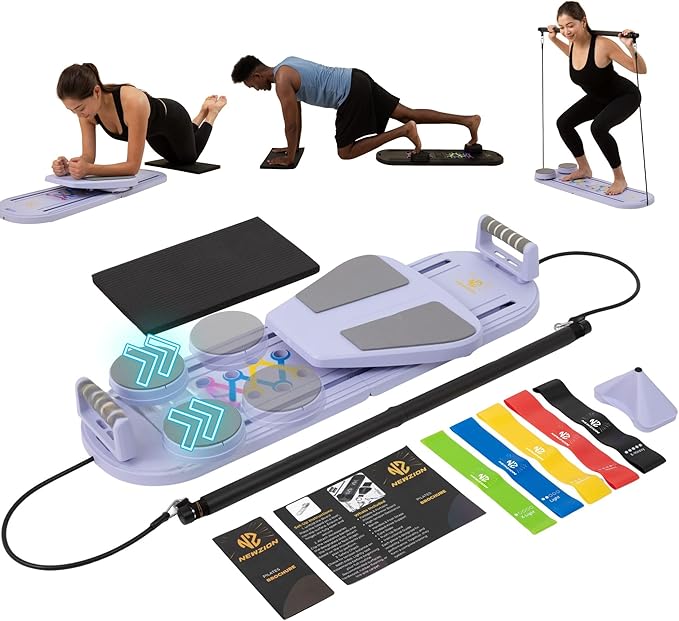 7-in-1 Pilates Reformer Board, Portable Pilates Board Foldable Pilates Reformer Equipment with Timer for Home Workouts with Resistance Bands Core Glider Push-Up Handles Balance Trainer Pilates Machine