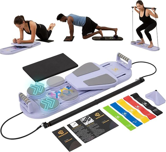 7-in-1 Pilates Reformer Board, Portable Pilates Board Foldable Pilates Reformer Equipment with Timer for Home Workouts with Resistance Bands Core Glider Push-Up Handles Balance Trainer Pilates Machine