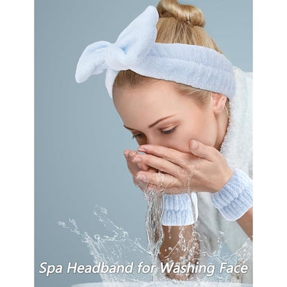 VELSCRUN Spa Headbands for Wash Face, Makeup Headband, Facial Skincare Headbands, 5 Pcs Blue Puffy Sponge Spa Headband Bow Tie Hair Band Hair Clips Wristband Set Women Girls Accessories