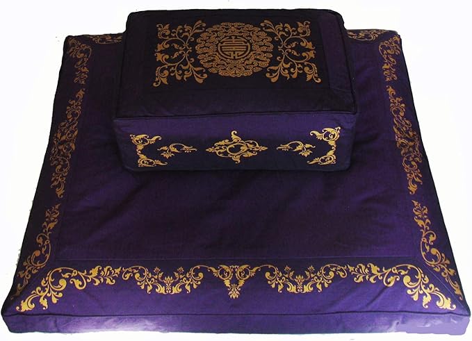 Meditation Cushion Set Rectangular Zafu Pillow Zabuton - Silkscreen Sacred Symbol (Longevity Purple)