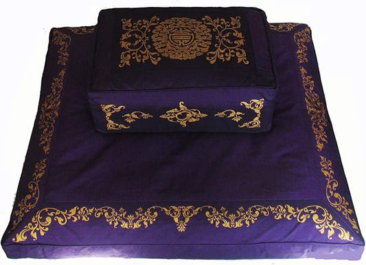 Meditation Cushion Set Rectangular Zafu Pillow Zabuton - Silkscreen Sacred Symbol (Longevity Purple)