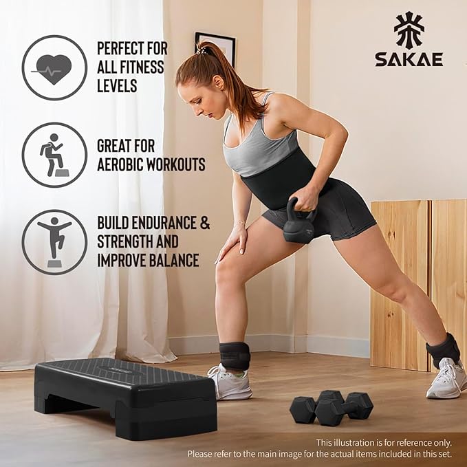SAKAE Aerobic Step Platform Set with Waist Trimmer & Measuring Tape, Exercise Steppers for Home Exercise Fitness, Adjustable Height 2 Level Risers Workout Step Platform Trainer, Multiple Colors