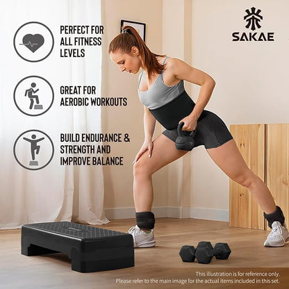 SAKAE Aerobic Step Platform Set with Waist Trimmer & Measuring Tape, Exercise Steppers for Home Exercise Fitness, Adjustable Height 2 Level Risers Workout Step Platform Trainer, Multiple Colors