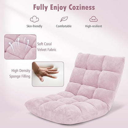 Moccha 14-Position Floor Sofa, Folding Sofa Chair with Back Support, Memory Foam Floor Gaming Chairs for Adults, Adjustable Padded Couch Recliner, Chaise Lounge for Reading, Meditating (Light Pink)