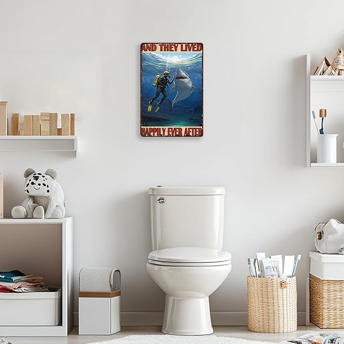Diver And Shark Metal Tin Sign 8x12 Inch And They Lived Happily Ever After Poster Diver And Shark Tin Sign Home Kitchen Garden Bar Restaurant Cafe Office Shop Cave Man Are Wall Decor