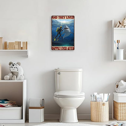 Diver And Shark Metal Tin Sign 8x12 Inch And They Lived Happily Ever After Poster Diver And Shark Tin Sign Home Kitchen Garden Bar Restaurant Cafe Office Shop Cave Man Are Wall Decor