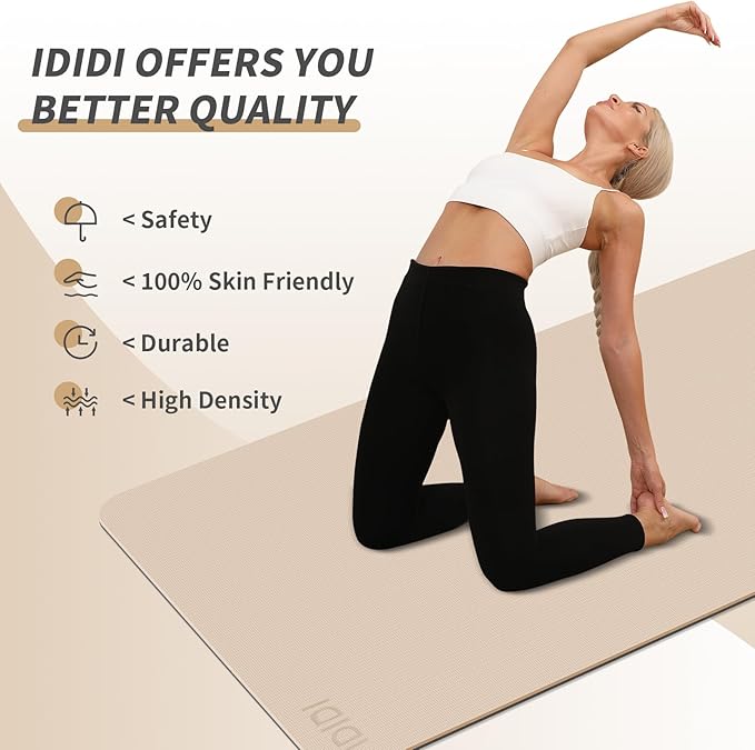 Yoga Mat with Strap,Non-Skid Workout Mat,8mm Thick Yoga Mat,POE Yoga Mats for Women Men Kids,Exercise Mat with Easy-Cinch,72"x24"x0.32” (183x61x0.8cm) (Beige+Black)