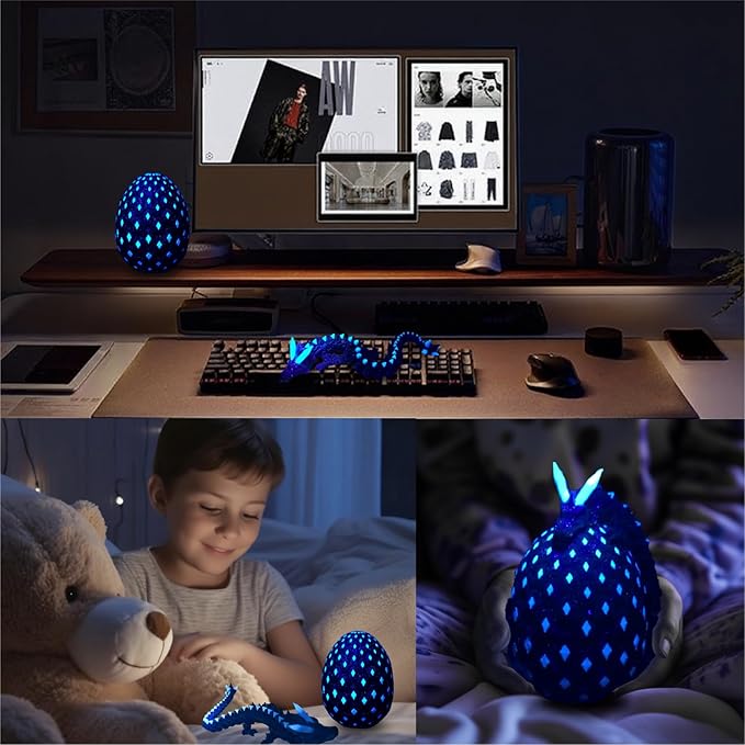 3D Printed Dragon Egg with Dragon Inside,Glowing at Night Dragon Egg Animal Figurines,3D Printed Animals Fidget Toys,Mysterious Gifts Teen Carnival Prizes,Desk Decor,Bookshelf Decor