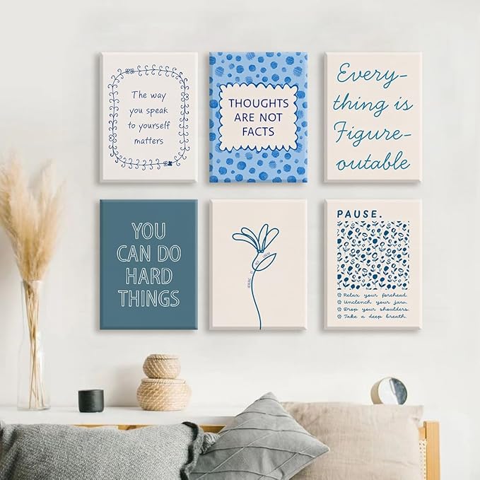 6pcs Mental Health Canvas Wall Art, You Can Do Hard Things Positive Affirmation Poster, Everything Is Figureoutable Mindfulness Print, Pause and Relax Therapy Office Wall Decor 12x16in Framed