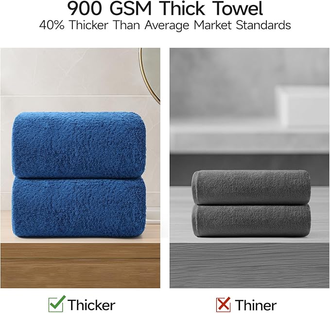 REDKISS 2 Piece Luxury Bath Towel Set - 31x62 inch Oversized Thick Bath Sheets, 100% Cotton, 900 GSM, Super Soft, Highly Absorbent, Quick Dry Large Shower Towels for Bathroom, Pool, Gym, Spa, Navy