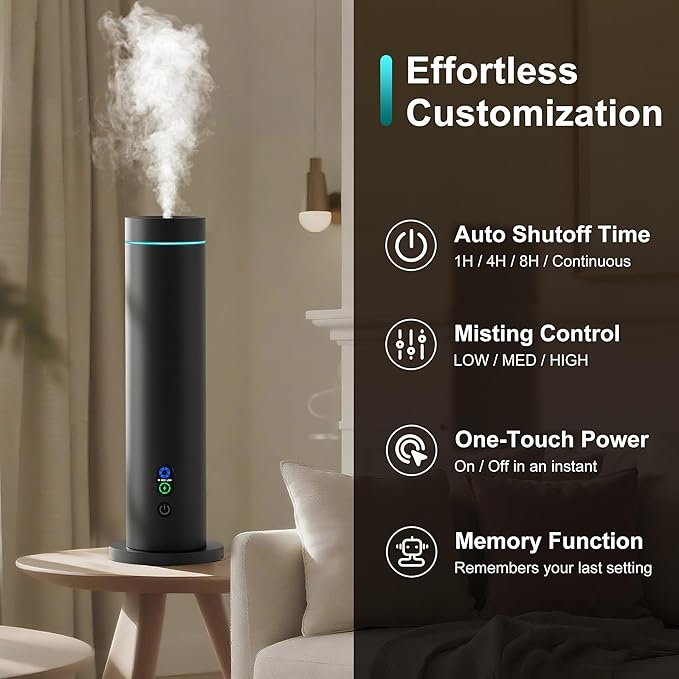 Waterless Diffuser, 1000 Sq.Ft Coverage, Essential Oil Diffuser with Tilt-Safe, Remote Control, Adjustable Mist Mode, Mood Lights Aromatherapy Diffuser for Home, Large Room, Office, Hotel, Black