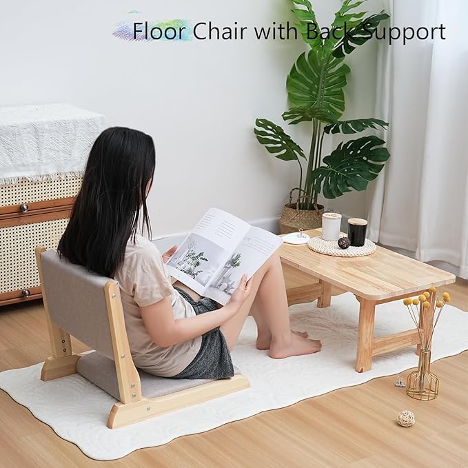 Japanese Floor Chair with Back Support, Foldable Meditation Chair, Legless Tatami Chair with Cushion, Floor Seat for Living Room, Bedroom, Bay Window (1, Gray)