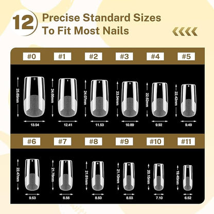 JODSONE Square Nail Tips Soft Nail Gel Tips Half Matte Full Cover Clear Gelly Press on Flase Nail Tips for Extension Nail Manicure 12 Sizes 240Pcs