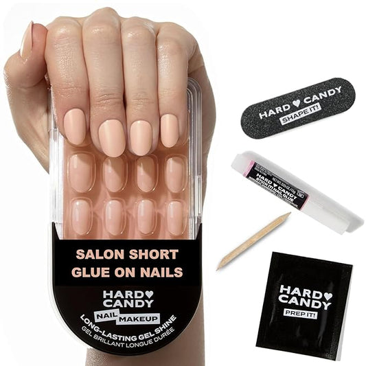 Nude Press On Nails, Short | Hard Candy False Nails with Natural looking Nude Polish | Includes - 24 Reusable Short Round Nails, Strong Nail Glue, Travel Case and Accessories.