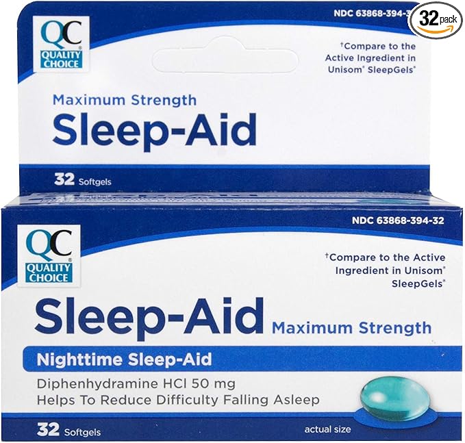 Quality Choice Max Strength Sleep Aid, Nighttime Sleep Aid Diphenhydramine HCI 50 mg, Non Habit Forming for Occasional Sleeplessness, Easy to Swallow Softgels, 32 Count Bottle