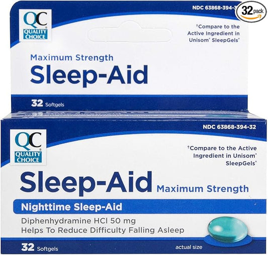 Quality Choice Max Strength Sleep Aid, Nighttime Sleep Aid Diphenhydramine HCI 50 mg, Non Habit Forming for Occasional Sleeplessness, Easy to Swallow Softgels, 32 Count Bottle