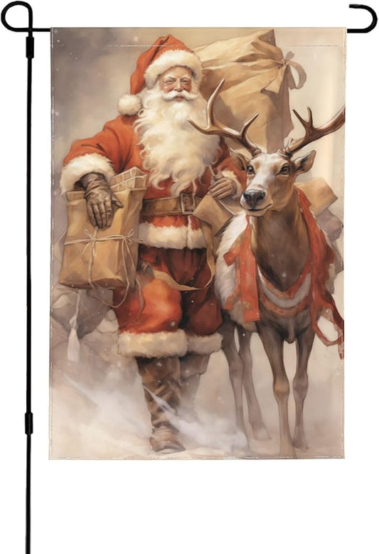 Santa Claus Reindeer Garden Flag 12x18 In Double Sided Yard Flags Lawn Sign Decor No Flagstand