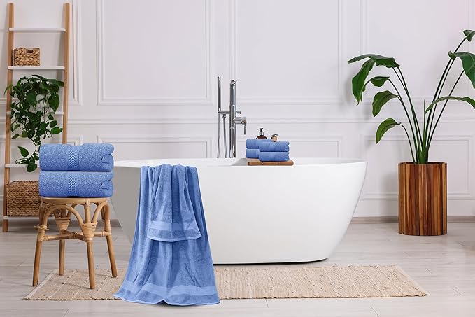 Oakias Premium Towel Set 600 GSM 8 Piece Blue - 100% Ring Spun Cotton Highly Absorbent Towels Set - Super Soft Bathroom Towel Set - Hotel Quality Double Stitched Hem - Ideal for Hotels, Spa, Gyms