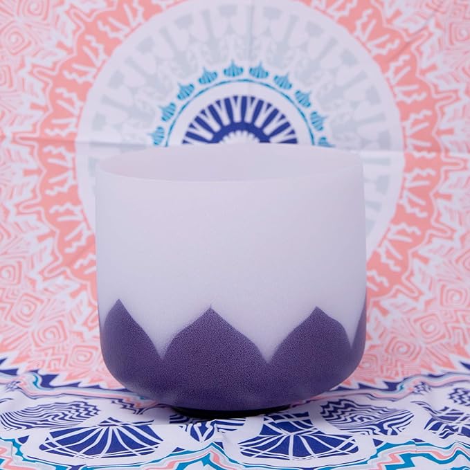 ENERGYSOUND 432Hz A 3rd Eye Chakra Lotus Frosted Quartz Crystal Singing Bowl 7 inch with Lotus Design mallet and o-ring included