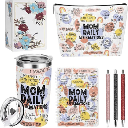 Mom Daily Affirmations for Women Mom Gifts Mother Mental Health Birthday Christmas Mothers Day Inspirational Thank You Gifts for Women Mama Mommy to Be, 20oz Tumbler Makeup Bag Pen Notebook, 6PCS
