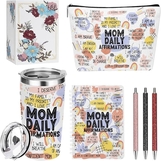 Mom Daily Affirmations for Women Mom Gifts Mother Mental Health Birthday Christmas Mothers Day Inspirational Thank You Gifts for Women Mama Mommy to Be, 20oz Tumbler Makeup Bag Pen Notebook, 6PCS