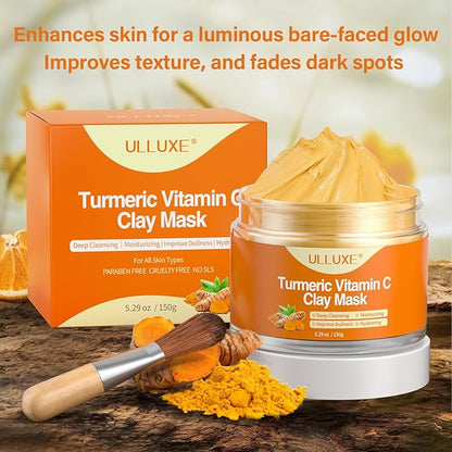 Turmeric Vitamin C Clay Mask for Dark Spots, Dull Skin, Moisturizing, Skincare Facial Mask for Blackheads and Pores Cleansing, Improve Uneven Skin Tone, Face Skincare Gift, 5.29 oz
