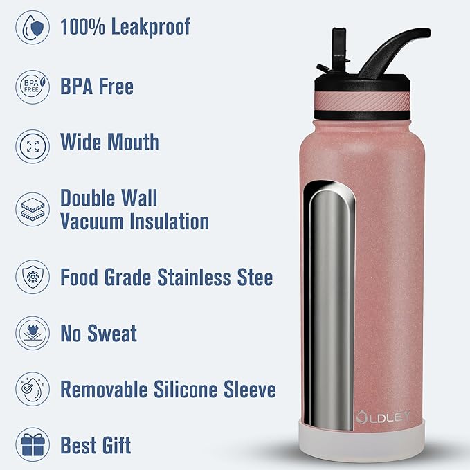 OLDLEY 40 oz Insulated Water Bottle With Straw, Stainless Steel Sports Water Cup Flask with 3 Lids(Straw, Spout and Handle Lid) Double Walled Travel Thermal Canteen Mug,Rose Gold