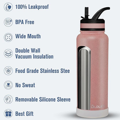 OLDLEY 40 oz Insulated Water Bottle With Straw, Stainless Steel Sports Water Cup Flask with 3 Lids(Straw, Spout and Handle Lid) Double Walled Travel Thermal Canteen Mug,Rose Gold