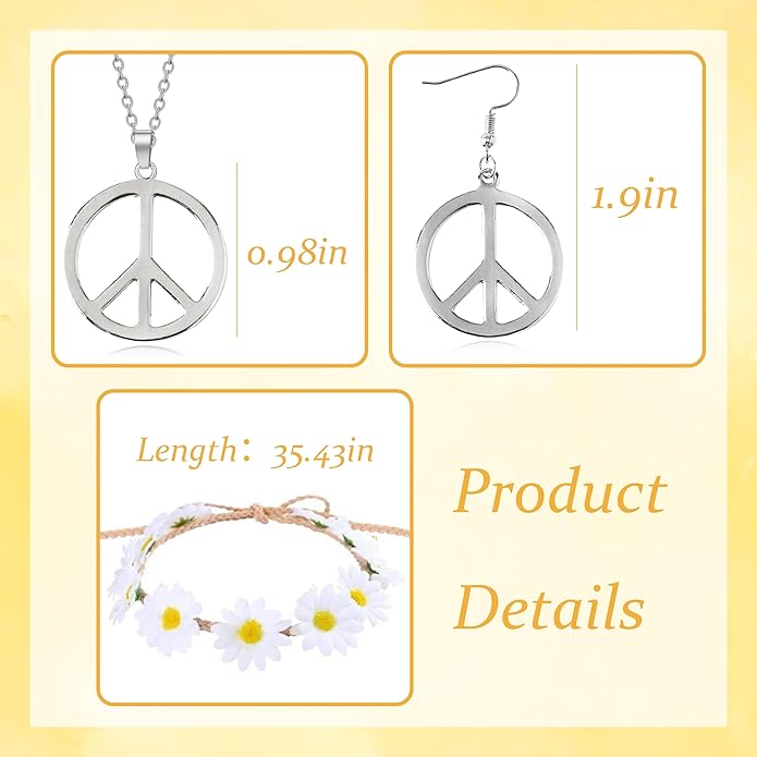 choice of all Peace Sign Necklace Earrings Sunflower Headband Set for Women 60s 70s Outfits Hip Hop Hippie Jewelry Halloween Costume Accessories