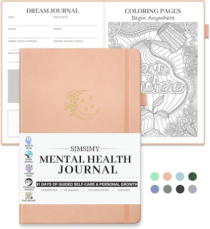 Mental Health Journal, 91-Day Self Care Journal for Women Men, Guided Anxiety & Stress Relief Journal with Mood Tracker, Cognitive Behavioral Therapy Journaling with Mental Health Coloring Pages & Dream Log