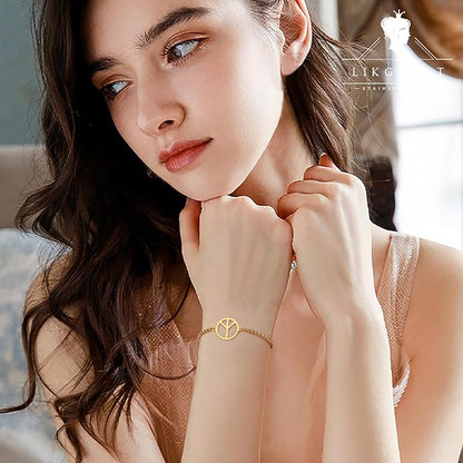 LIKGREAT Adjustable World Peace Symbol Bracelet for Women Stainless Steel Pendant Box Chain 1970s Jewelry