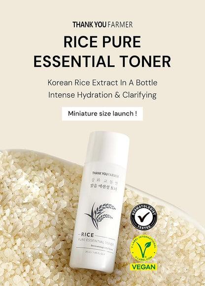 THANKYOU FARMER Rice Pure Essential Toner 1.05 Fl oz (30ml) - Hydrating Milky Toner, Korean Rice Extract, Niacinamide, Dermatologist Tested, Travel Size