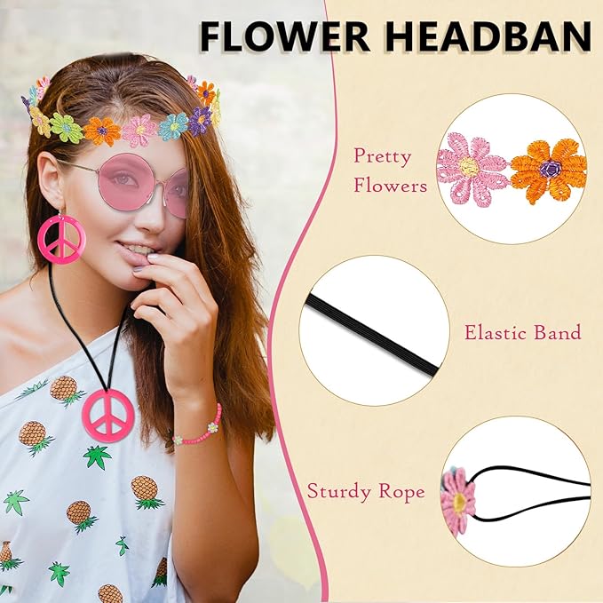 Hippie Costume Accessories Set Peace Sign Necklace Sunglasses Flower Headband Earrings for 60s 70s Outfit Party Women