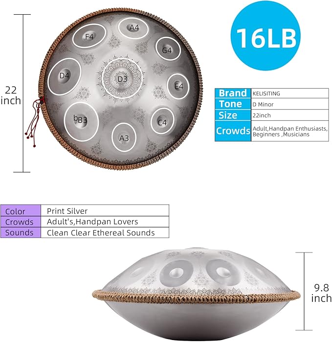 Handpan-Premium 432HZ 22 Inches 10 Notes D Minor Steel Hand Pan Drum Set,Silver Print Adults Handpan Drum