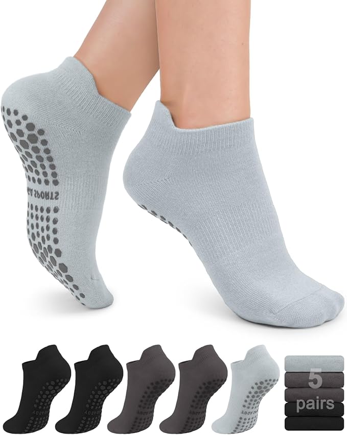 5 Pairs Pilates Grip Socks Yoga Socks with Grips for Women, Non-Slip Athletic Socks for Ballet, Dance, Workout, Hospital
