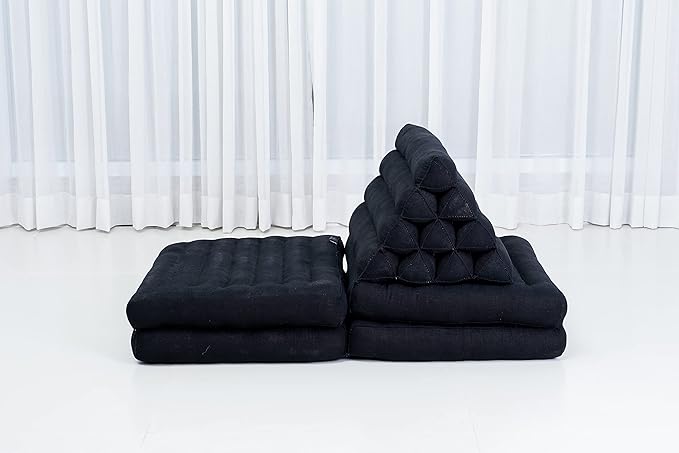 Leewadee Comfortable Japanese Floor Mattress - Thai Floor Bed with Triangle Cushion - Futon Mattress - XL Extra Long Thai Massage Mat, 89 x 20 inches, Black, Kapok Filling