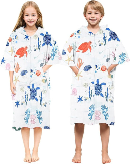 Abahub Surf Poncho Women & Men Towel Poncho Adult with Hood, Thick Quick Dry Changing Poncho Towel, Microfiber Wearable Cover Up for Surfing Beach Swim - Absorbent Changing Towel S (White seabed)