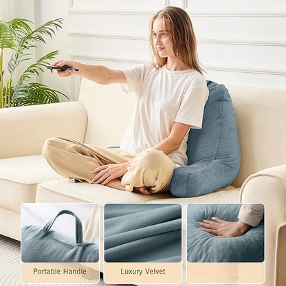 Sasttie Reading Pillow, Velvet Back Pillow for Bed Sitting Up, Adult Back-Rest Support Cushion with Arms for Sit Up on Couch, Sofa, and Floor, Dorm Essentials, Reading Accessories, Bluish Grey